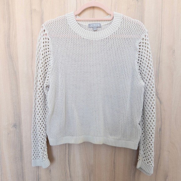J. Crew Womens Crochet Knit Sweater Top Sz L Cream Long Sleeve Minimalist Preppy - Picture 2 of 8